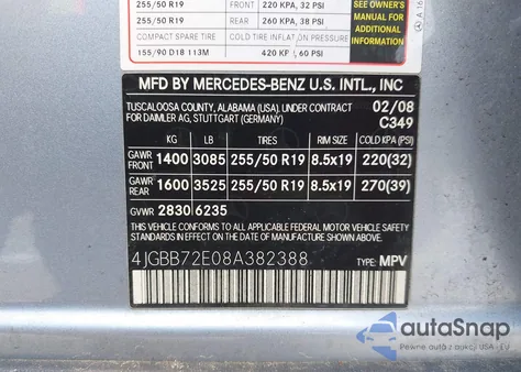 2008 Mercedes-Benz Ml 550 4Matic из США, поврежденный, VIN 4JGBB72E08A382388